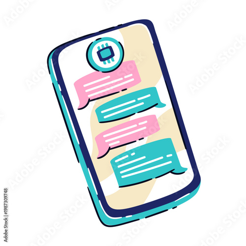 Smartphone therapy app with chat dialogue bubbles, chip icon and mobile screen layout. Emotional support and guided communication in smartphone therapy app, cartoon vector illustration.