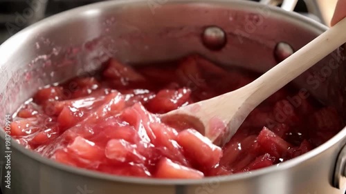 Cooking a fruit sauce in a pot with a wooden spoon on a stovetop at home