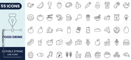 Food and drink icon set in outline style. Icons for mobile app and web. Editable stroke. Vector icon collection.
