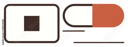 Pharmaceutical concepts, modern design, medical , packaging design, abstract art, health visualization. Capsule shape and minimalist square forms in a clean design. Pharmaceutical concepts and modern