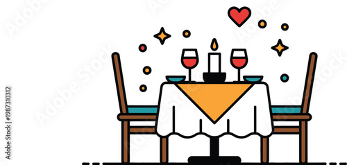 Date night dinner illustrated by a cozy table with two chairs a candle centerpiece and a small heart icon above warm romantic visual capturing connection intimacy and shared evening dining experience 