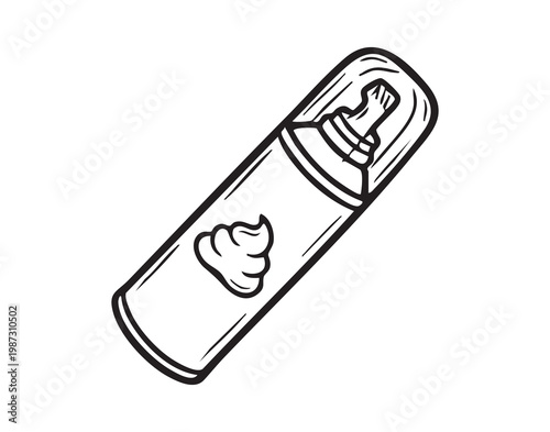 Bathroom toiletry packaging design concept. Line drawing of shaving foam with nozzle and cap. Artwork showing personal care foam canister including lid and dispensing nozzle detail