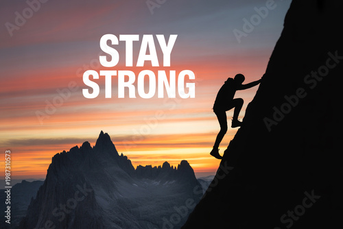 A person climbing a mountain during a vibrant sunset with a motivational phrase