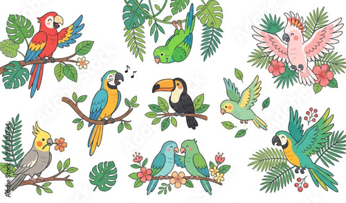 Kids Tropical Parrots Collection Cute Birds with Leaves Flat Vector Set