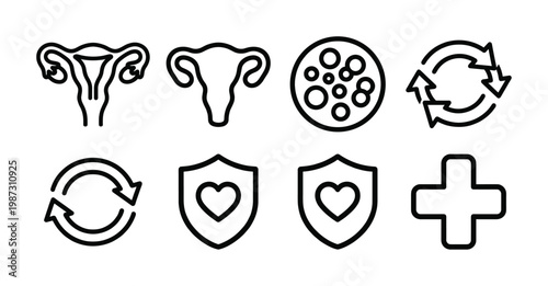 Versatile vector line icons for women's health, medical, recycling, and protection. Perfect for apps, web, and infographics. Clean, modern, minimalist design.