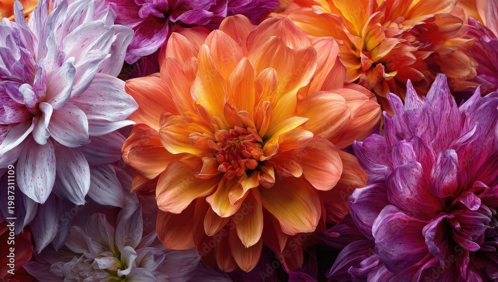 Obraz premium A vibrant, detailed macro view of a colorful bouquet of layered flowers