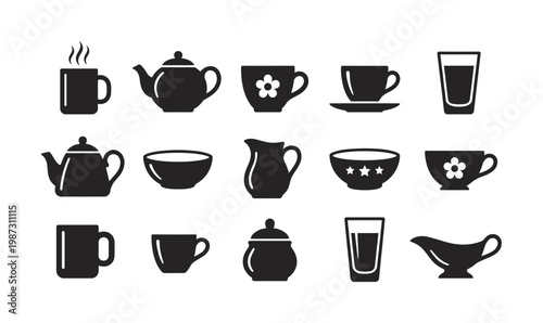 A versatile set of black silhouette vector icons featuring various kitchenware and drinkware like cups, teapots, bowls, and glasses. Ideal for menus, UI, and branding.