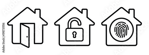 Vector icons illustrate home access and security: open door, unlocked padlock, fingerprint. Ideal for smart home tech, digital security, and real estate concepts.