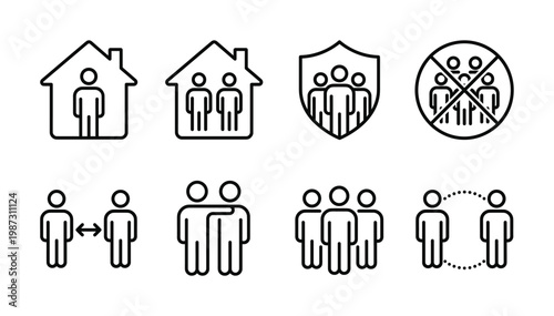 Vector line icons depicting social distancing, stay at home, protection, and community interaction. Ideal for health, safety, and modern lifestyle content.