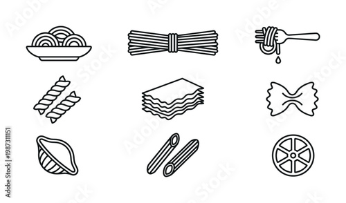 Minimalist vector icons illustrating popular Italian pasta varieties, including spaghetti, fusilli, and lasagna. Great for cooking guides, food packaging, or web design.
