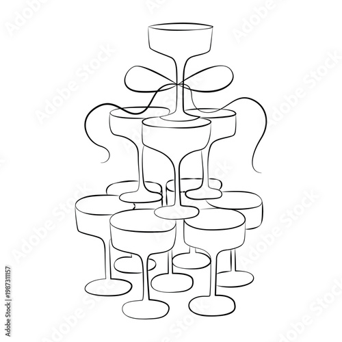 Hand-drawn wedding party decor element, champagne tower with a bow for party decor, beverage menu, invitation, cards, restaurant 