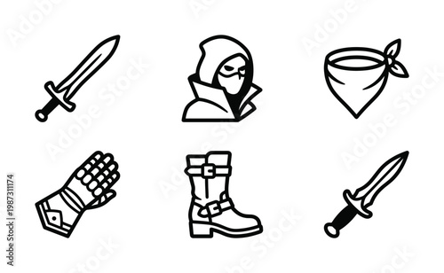 A vector icon set for fantasy RPG and adventure games, featuring outline weapons, gear, and character accessories. Ideal for UI/UX design, apps, and digital projects.