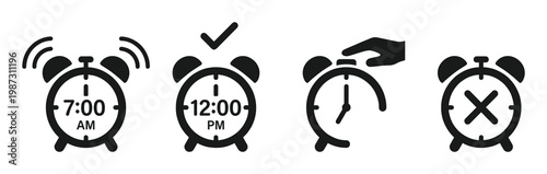 Vector alarm clock icons showing ringing, set, snooze, and off states. Ideal for time management, scheduling, reminders, app UI, and web design elements.