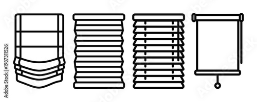 Vector icons of diverse window blinds, including Roman, pleated, Venetian, and roller shades. Ideal for home decor, interior design apps, or web graphics.