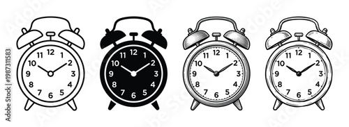 Four vector alarm clock icons in varied styles: line, solid, and detailed engraving. Perfect for time management, deadlines, and notification designs.