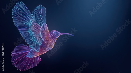 Wireframe hummingbird in flight rendered with vibrant gradient colors on a dark background