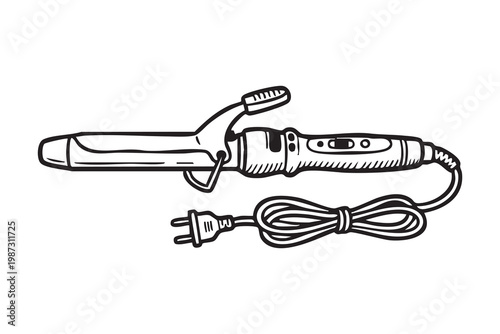 Curling iron with cord on vanity. Heated barrel and ergonomic handle, detachable clamp visible, electric cord coiled, line illustration conveying grooming routine and beauty prep.