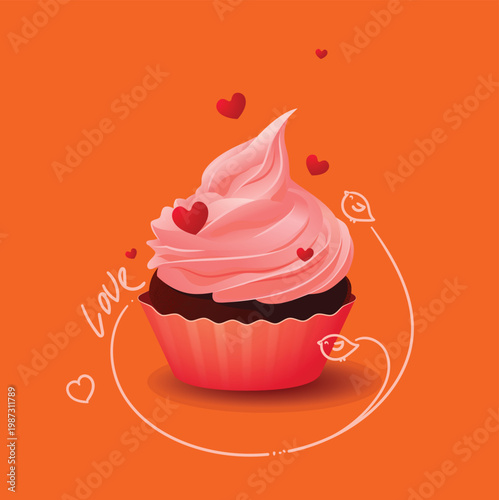 Pink cream cupcake with heart topper on a romantic red background.