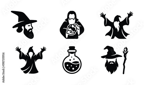 A set of black vector icons featuring wizards, a magic potion, and fantasy elements. Ideal for games, apps, logos, and mystical themes. Mysterious and enchanting.