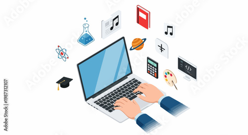 E-learning and Online Education Concept with Laptop and Diverse Subject Icons in Isometric Illustration