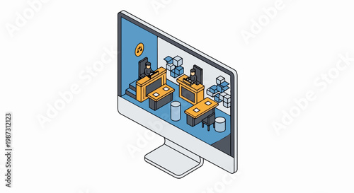Isometric Illustration of a Virtual Courtroom on a Computer Screen, Concept of Online Justice, Digital Law, and Remote Legal Hearings