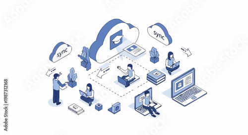 Isometric Online Education and E-Learning Concept Illustration with Students, Cloud Computing, and Digital Classroom Connectivity