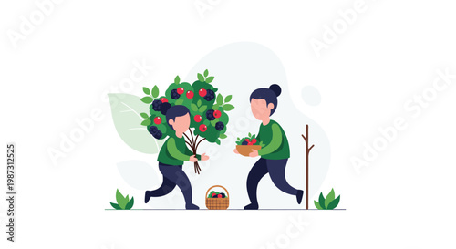 Two industrious gardeners wearing green sweaters harvest ripe red and black berries from a leafy bush into a woven wicker basket on a bright sunny day.