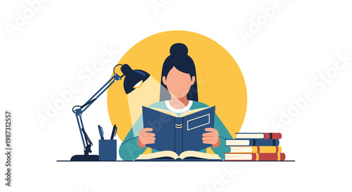 A focused young woman with dark hair reads a large blue book at her desk illuminated by a bright yellow desk lamp against a warm circular golden glow.