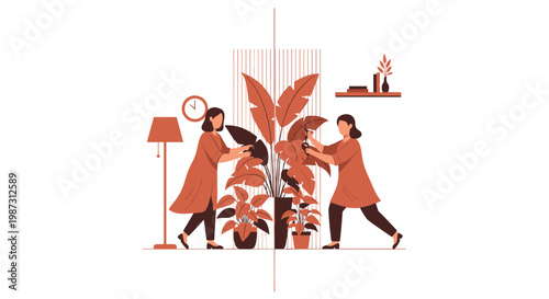 Two focused women in elegant terracotta dresses meticulously prune large tropical indoor plants within a minimalist living room featuring a tall floor lamp.