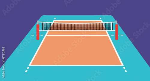 Volleyball court perspective view with net and posts in a stylized arena