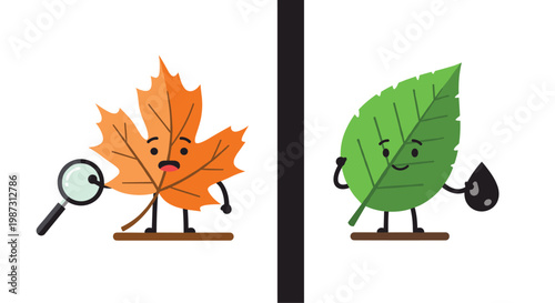 A whimsical orange maple leaf character examines its surface with a magnifying glass while a green leaf character holds a dark oil droplet in a clean space.