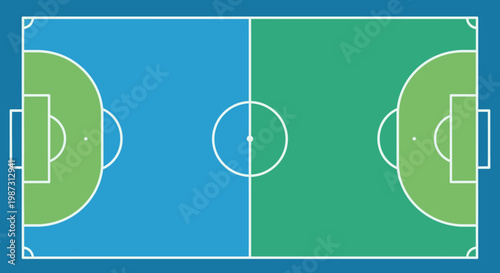 Blue and Green Futsal Soccer Field Top View Flat Design in Bright Studio