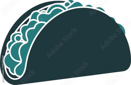Mexican taco icon with meat and salad fillings in dark teal colors for fast food menus and street food restaurant design.
