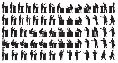 Parliament and Legislative Sessions Silhouettes Set Pack Editable Vector Stroke Illustration. featuring more  politician, silhouette, parliament, debate, speaking, podium, government silhouettes.