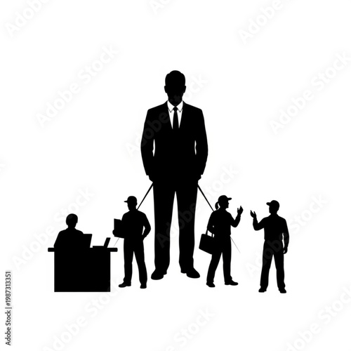 A vector graphic illustration of a businessman controlling smaller people on leashes
