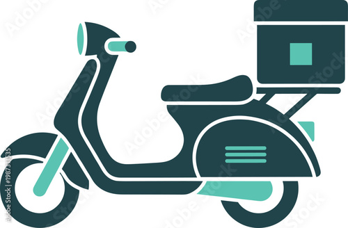 Scooter with delivery box for food transport and meal plan clipboard with cutlery symbols and slice of pizza on transparent background.
