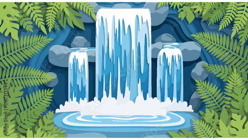 Tropical Waterfall Jungle Nature Scene - Lush Greenery & Flowing Water