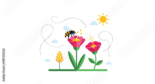 A busy honeybee collects nectar from a vibrant pink flower while a bright yellow sun and soft blue clouds decorate a clean and minimalist white backdrop.