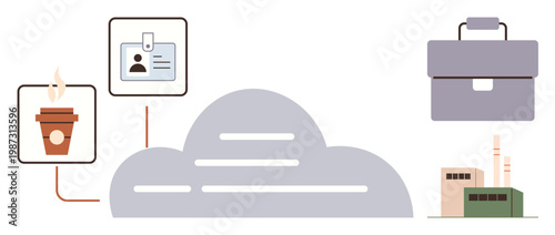 Cloud technology, business workflow, professional tools, data storage, remote work, industrial systems. Visuals include cloud and icons for coffee, ID card briefcase and factory. Cloud technology