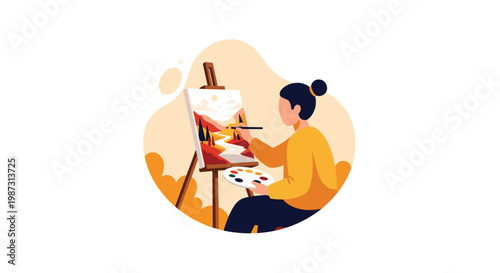 A creative female artist meticulously paints a beautiful autumn landscape onto a canvas using a wooden easel and a colorful paint palette in a studio.