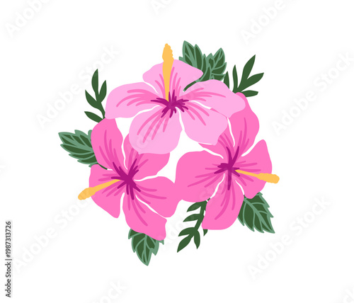 Colorful tropical hibiscus vector flower. Floral illustration decal, decor, clipart, poster, sticker, template. Flower with green leaves 