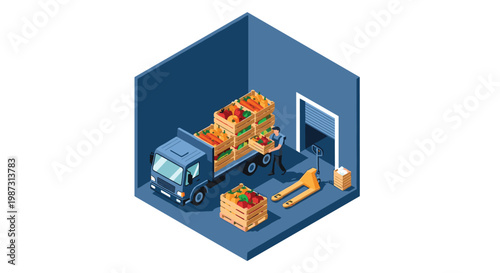 An industrious warehouse worker meticulously loads several wooden crates filled with fresh red and yellow peppers onto a large blue commercial vehicle.