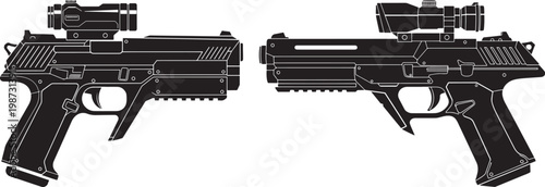 Two silhouette pistols with scopes vector illustration self defense shooting silhouette illustration military security revolver firearms equipment violence weaponry ballistics ammunition