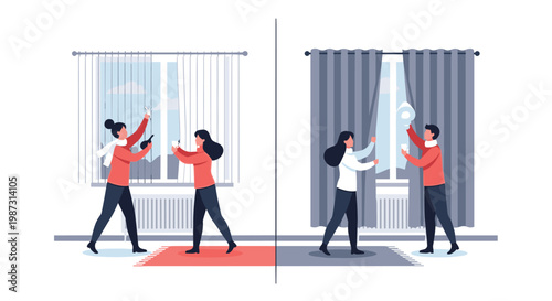 A comparative illustration displays two distinct interior scenes where people adjust vertical blinds and heavy grey curtains to control light in a home.