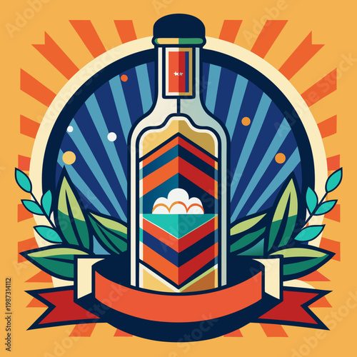 A retro styled illustration featuring a vibrant bottle with floral accents