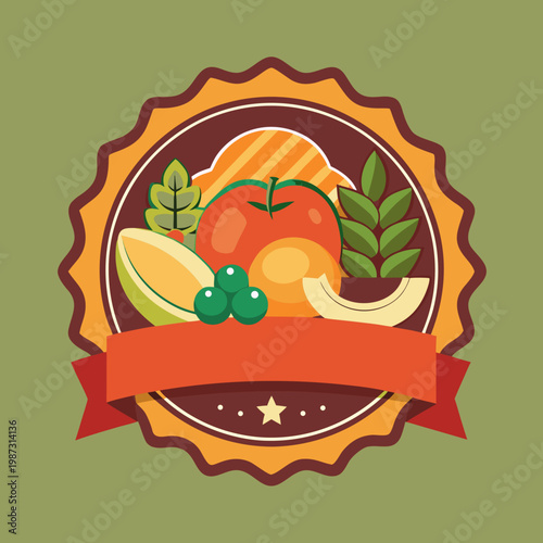 Vintage style label featuring oranges tomatoes and other fresh produce