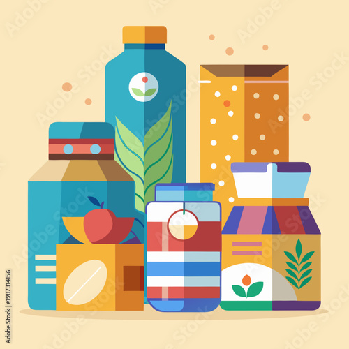 Colorful assortment of packaged food and drinks in a flat design