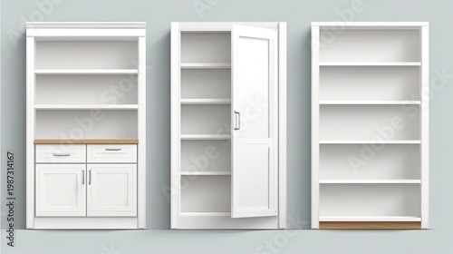 White Kitchen Cabinets and Shelves Displayed in Row