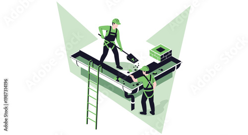 Professional maintenance workers wearing green safety harnesses and helmets carefully clear debris from a residential roof gutter system using a ladder.
