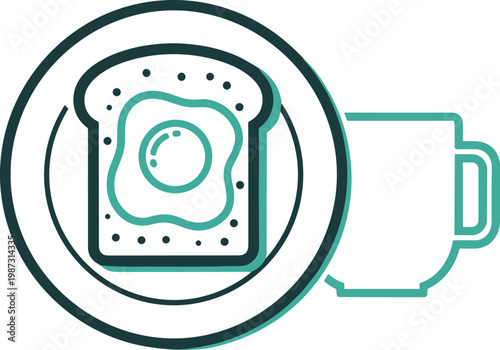Breakfast food plate with toast and fried egg and cup outline simple illustration vector art.